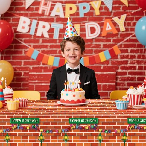 Funrous Red Brick Wall Street Party Decorations Cartoon Street Birthday Plastic Tablecloth 54 x 108 Inch Disposable Waterproof Rectangle Table Cover for Cartoon Friends Themed Birthday Party Supplies in Saudi Arabia
