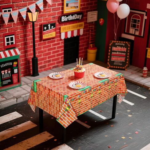 Funrous Red Brick Wall Street Party Decorations Cartoon Street Birthday Plastic Tablecloth 54 x 108 Inch Disposable Waterproof Rectangle Table Cover for Cartoon Friends Themed Birthday Party Supplies in Saudi Arabia