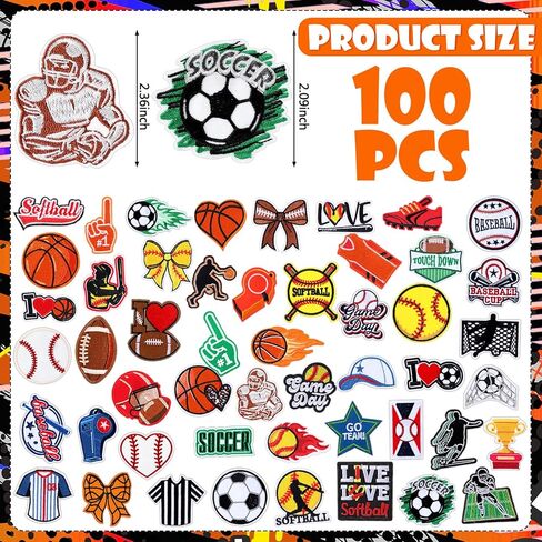 Boao 100 Pcs Sports Iron on Patches Bulk Embroidered Football Baseball Soccer Basketball Patches Mixed Sport Sew on Applique Repair for Backpack Hat Clothes Pants Jeans DIY Crafts Accessories in Saudi Arabia