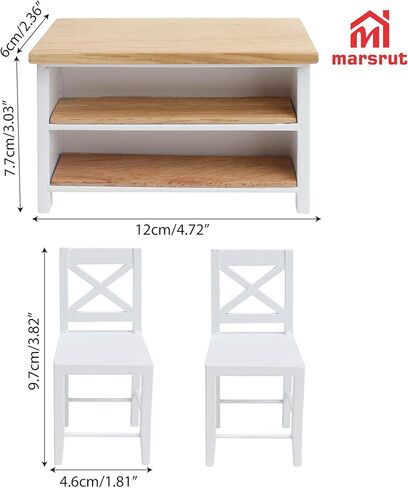 Miniature Dollhouse Kitchen Island & 2Pcs Stools, Furniture Modern 1/12 Scale Doll House Accessories Mini Wooden Chair and Table Set for Dining Room Restaurant Pub Bar Scene, Realistic Items, White in Saudi Arabia