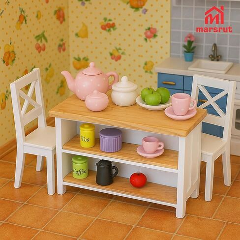Miniature Dollhouse Kitchen Island & 2Pcs Stools, Furniture Modern 1/12 Scale Doll House Accessories Mini Wooden Chair and Table Set for Dining Room Restaurant Pub Bar Scene, Realistic Items, White in Saudi Arabia