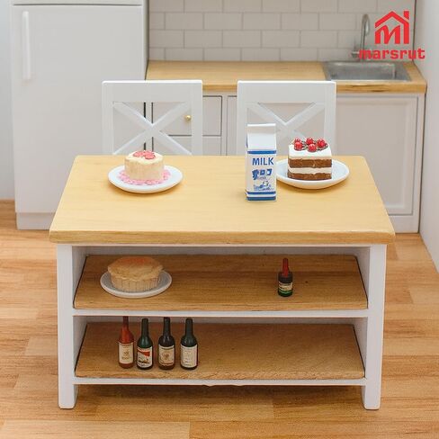 Miniature Dollhouse Kitchen Island & 2Pcs Stools, Furniture Modern 1/12 Scale Doll House Accessories Mini Wooden Chair and Table Set for Dining Room Restaurant Pub Bar Scene, Realistic Items, White in Saudi Arabia