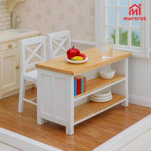 Miniature Dollhouse Kitchen Island & 2Pcs Stools, Furniture Modern 1/12 Scale Doll House Accessories Mini Wooden Chair and Table Set for Dining Room Restaurant Pub Bar Scene, Realistic Items, White in Saudi Arabia