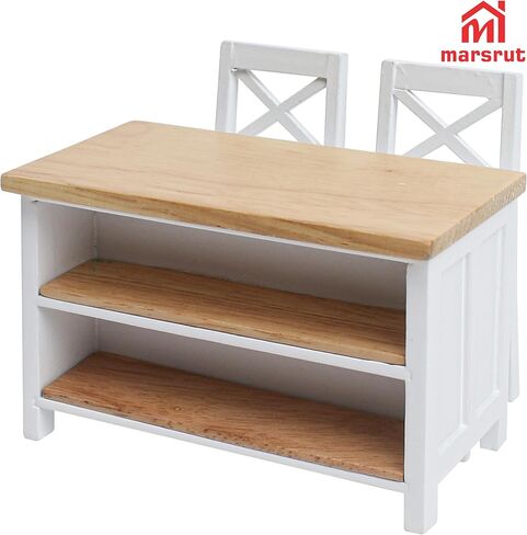 Miniature Dollhouse Kitchen Island & 2Pcs Stools, Furniture Modern 1/12 Scale Doll House Accessories Mini Wooden Chair and Table Set for Dining Room Restaurant Pub Bar Scene, Realistic Items, White in Saudi Arabia