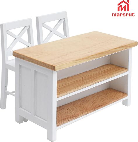 Miniature Dollhouse Kitchen Island & 2Pcs Stools, Furniture Modern 1/12 Scale Doll House Accessories Mini Wooden Chair and Table Set for Dining Room Restaurant Pub Bar Scene, Realistic Items, White in Saudi Arabia