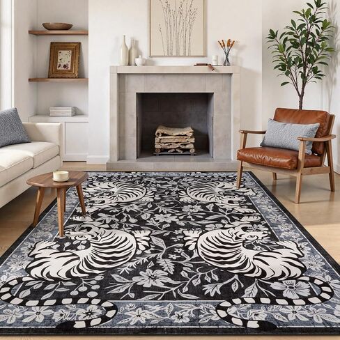 LIVEBOX Tiger Washable Rug 5x7, Boho Animal Print Area Rugs for Living Room, Non-Slip Botanical Floral Bedroom Rug, Soft Vintage Western Floor Carpet for Dining Room Home Office Guest Room Dorm Decor in Saudi Arabia