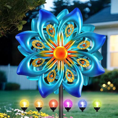 Solar Wind Spinners Outdoor - H60xW13 Metal Yard Art Kinetic Wind Spinners with Colorful LED Crackle Ball, Peacock-Style Windmill for Yard Lawn Garden Decor, Gardening Gifts for Women in Saudi Arabia