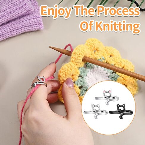 Thinp 6 Pcs Knitting Crochet Loop Ring for Fingers, Crochet Tension Ring Adjustable Open Yarn Guide Rings with Cat Ear Design Metal Braided Faster Knitting Thimbles Holders Accessories for Women in Saudi Arabia
