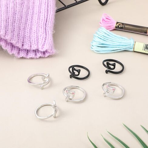 Thinp 6 Pcs Knitting Crochet Loop Ring for Fingers, Crochet Tension Ring Adjustable Open Yarn Guide Rings with Cat Ear Design Metal Braided Faster Knitting Thimbles Holders Accessories for Women in Saudi Arabia