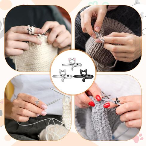 Thinp 6 Pcs Knitting Crochet Loop Ring for Fingers, Crochet Tension Ring Adjustable Open Yarn Guide Rings with Cat Ear Design Metal Braided Faster Knitting Thimbles Holders Accessories for Women in Saudi Arabia