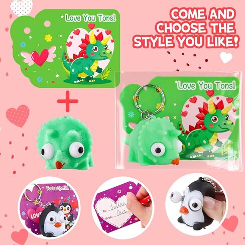 MGparty 28 Pack Valentine‘s Day Popping Eye Toy with Cards, Bulk Animal Fidget Toy Keychains for Kids School Classroom Valentines Exchange Gifts in Saudi Arabia