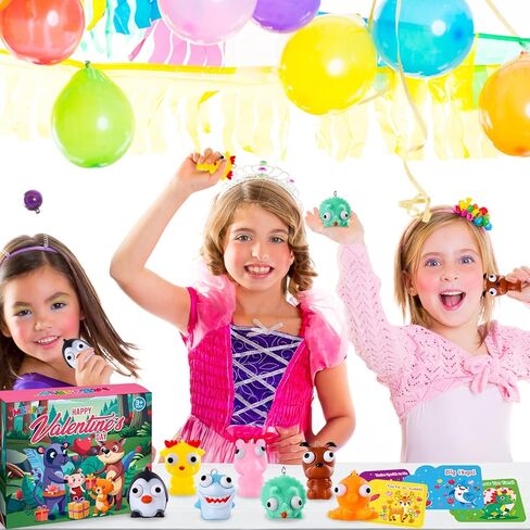 MGparty 28 Pack Valentine‘s Day Popping Eye Toy with Cards, Bulk Animal Fidget Toy Keychains for Kids School Classroom Valentines Exchange Gifts in Saudi Arabia