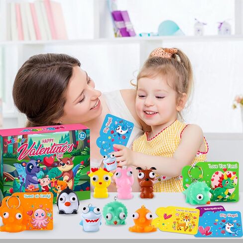 MGparty 28 Pack Valentine‘s Day Popping Eye Toy with Cards, Bulk Animal Fidget Toy Keychains for Kids School Classroom Valentines Exchange Gifts in Saudi Arabia