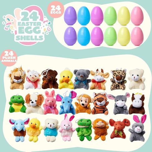 JOYIN 24 Pack Prefilled Easter Eggs of Mini Stuffed Animal Plush Toys Baster Stuffer Filler for Kids Easter Egg Hunt Game, Classroom Prize Supplies in Saudi Arabia