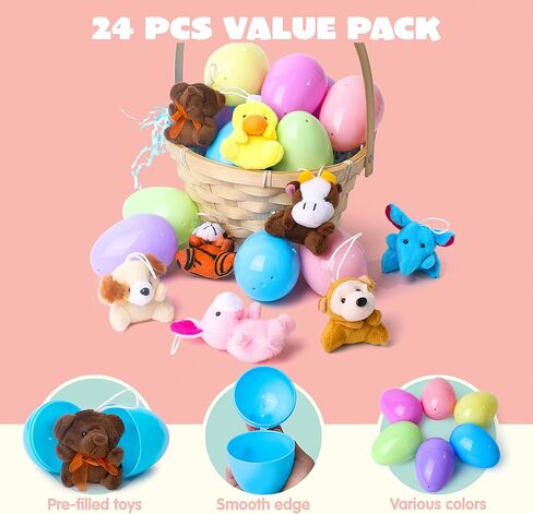 JOYIN 24 Pack Prefilled Easter Eggs of Mini Stuffed Animal Plush Toys Baster Stuffer Filler for Kids Easter Egg Hunt Game, Classroom Prize Supplies in Saudi Arabia