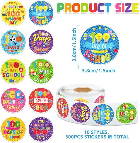 gisgfim 100 Days of School Stickers Glitter 100th Days Smarter Sticker Roll Happy 100th Day Teacher Incentive Stickers Label Decorations for Kids Kindergarten School Classroom Party Supplies, 500Pcs in Saudi Arabia