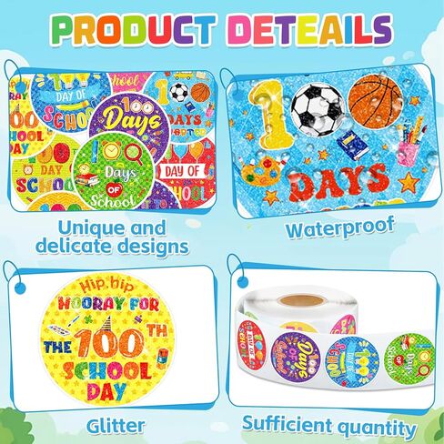 gisgfim 100 Days of School Stickers Glitter 100th Days Smarter Sticker Roll Happy 100th Day Teacher Incentive Stickers Label Decorations for Kids Kindergarten School Classroom Party Supplies, 500Pcs in Saudi Arabia