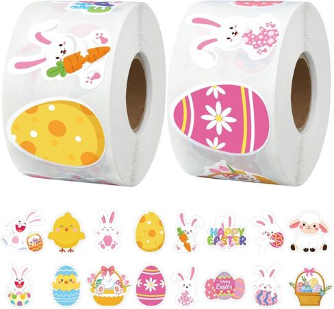 1200 Pcs Easter Stickers Roll 1.5 Inch Cute Bunny Egg Self-Adhesive Sticker Decals 16 Designs Happy Easter Rabbit Label Stickers for Spring Holiday Party Craft Gifts Cards Scrapbooks Envelopes Decor in Saudi Arabia