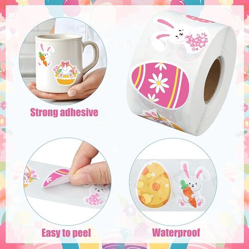 1200 Pcs Easter Stickers Roll 1.5 Inch Cute Bunny Egg Self-Adhesive Sticker Decals 16 Designs Happy Easter Rabbit Label Stickers for Spring Holiday Party Craft Gifts Cards Scrapbooks Envelopes Decor in Saudi Arabia
