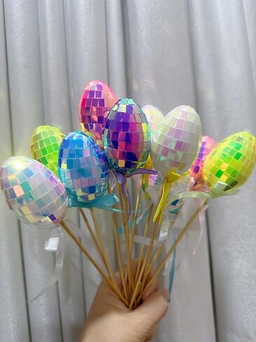 Easter Egg Picks, 12 Pack Disco Ball Glitter Easter Egg, Pastel Colors with Ribbons,Sparkle Eggs Sticks for Easter Decorations, Easter Tree, Centerpiece, DIY Crafts, Party Supplies in Saudi Arabia