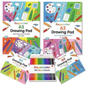 مجموعة رسم DagouColor، 48 حزمة (24 لونًا) قلم رصاص ملون، 2 * A4 و2 * A3 لوحة أوراق ناعمة بيضاء سادة مزدوجة الجوانب، 100 جرام في المتر المربع، كتب رسم للفنانين المبتدئين البالغين والأولاد والبنات والأطفال الصغار in Kuwait