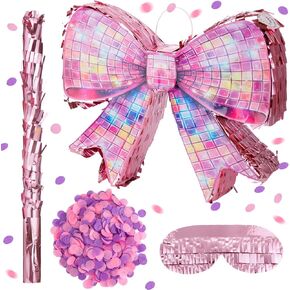 Disco Pink Bow Piñata Set 15 Inch Shiny Bow Piñata with Bat Blindfold and Confetti for Birthday Wedding Decoration Gentiles Holiday Coquette Party Supplies in Kuwait