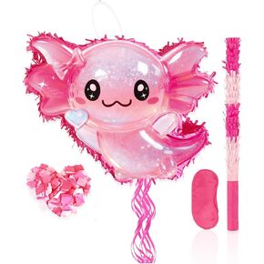 مجموعة Axolotl Pinata - سلسلة سحب Axolotl باللون الوردي اللامع مع معصوب العينين، وخفاش، وقصاصات لتزيين حفلات أعياد الميلاد (16.1 بوصة) in Kuwait