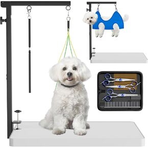 Dog Grooming Table Arm - Adjustable Height & Width, Heavy Duty Dog Grooming Station with 4-Piece Scissors Comb Set, Includes Adjustable Hammock & 2 No-Sit Haunch Holders for Dogs & Cats in Kuwait