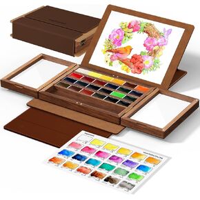 Watercolor Paint Set 24 Vibrant Colors with Walnut Wood Palette,Adjustable Angles Artificial Leather Sheath Portable Travel Watercolor Palette Set for Artist in Saudi Arabia