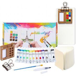 Mini Watercolor Paint Set, Travel Watercolor Paint kit with 24 Colors, Refillable Brush & Sketchbook, Ideal Watercolor Palette for Travel, Creative Painting Kit for Beginners and Artists(15 Gird) in Kuwait