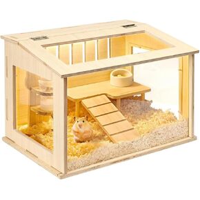 Small Wooden Hamster Cage for Dwarf Hamsters, 15.8" Portable Habitat with Acrylic Panels & Openable Top, Includes Water Bottle & Platform for Robo, Winter White Hamsters & Campbell’s Dwarf Hamsters in Kuwait