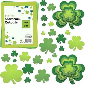 4E's Novelty 147 Pcs St. Patricks Day Shamrock Cutouts Bulk - 6 Sizes in 3 Green Shades, Paper Shamrocks on 21 Sheets, Fun Shamrock Cutouts for Classroom Bulletin Boards, Party Crafts & Decorations in Saudi Arabia