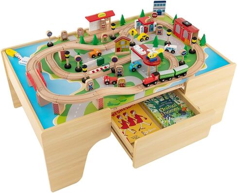 INFANS Train Table, 84 Pieces Wooden Kids Activity Toy Table Playset with Reversible Detachable Tabletop, Tracks, Train, Railway, City, Gift for Toddler Boys Girls Ages 3+ (38" x 24.5" x 15.5") in Saudi Arabia