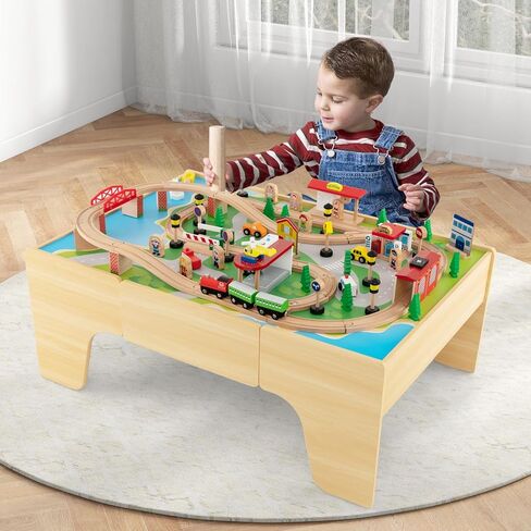 INFANS Train Table, 84 Pieces Wooden Kids Activity Toy Table Playset with Reversible Detachable Tabletop, Tracks, Train, Railway, City, Gift for Toddler Boys Girls Ages 3+ (38" x 24.5" x 15.5") in Saudi Arabia
