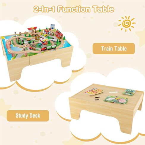 INFANS Train Table, 84 Pieces Wooden Kids Activity Toy Table Playset with Reversible Detachable Tabletop, Tracks, Train, Railway, City, Gift for Toddler Boys Girls Ages 3+ (38" x 24.5" x 15.5") in Saudi Arabia