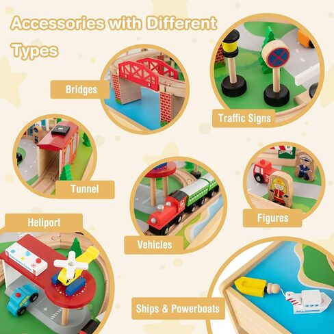 INFANS Train Table, 84 Pieces Wooden Kids Activity Toy Table Playset with Reversible Detachable Tabletop, Tracks, Train, Railway, City, Gift for Toddler Boys Girls Ages 3+ (38" x 24.5" x 15.5") in Saudi Arabia