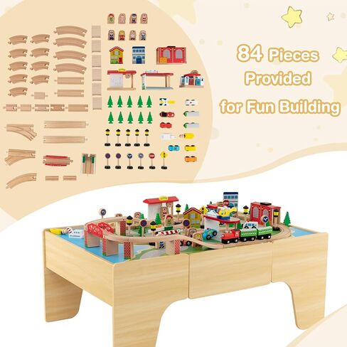 INFANS Train Table, 84 Pieces Wooden Kids Activity Toy Table Playset with Reversible Detachable Tabletop, Tracks, Train, Railway, City, Gift for Toddler Boys Girls Ages 3+ (38" x 24.5" x 15.5") in Saudi Arabia