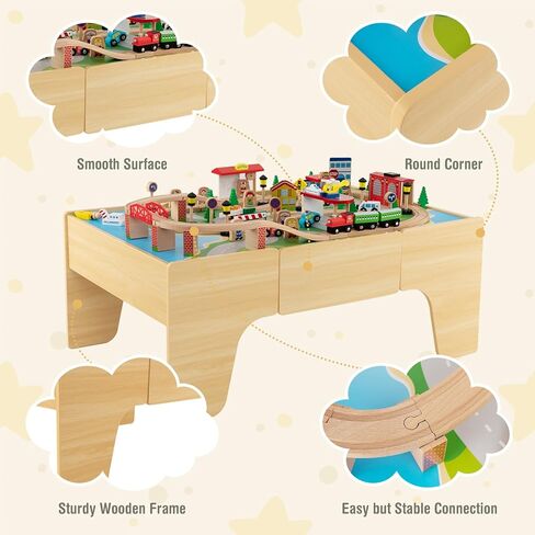 INFANS Train Table, 84 Pieces Wooden Kids Activity Toy Table Playset with Reversible Detachable Tabletop, Tracks, Train, Railway, City, Gift for Toddler Boys Girls Ages 3+ (38" x 24.5" x 15.5") in Saudi Arabia