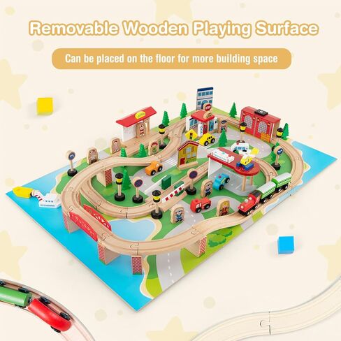 INFANS Train Table, 84 Pieces Wooden Kids Activity Toy Table Playset with Reversible Detachable Tabletop, Tracks, Train, Railway, City, Gift for Toddler Boys Girls Ages 3+ (38" x 24.5" x 15.5") in Saudi Arabia