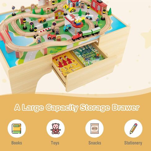 INFANS Train Table, 84 Pieces Wooden Kids Activity Toy Table Playset with Reversible Detachable Tabletop, Tracks, Train, Railway, City, Gift for Toddler Boys Girls Ages 3+ (38" x 24.5" x 15.5") in Saudi Arabia