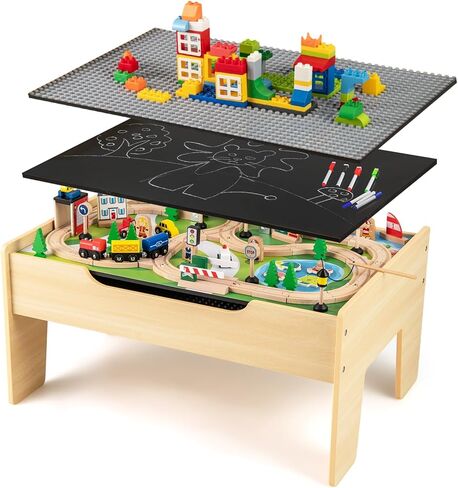 INFANS Train Table, 84 Pieces Wooden Kids Activity Toy Table Playset with Reversible Detachable Tabletop, Tracks, Train, Railway, City, Gift for Toddler Boys Girls Ages 3+ (38" x 24.5" x 15.5") in Saudi Arabia