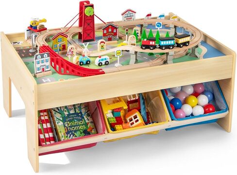 INFANS Train Table, 84 Pieces Wooden Kids Activity Toy Table Playset with Reversible Detachable Tabletop, Tracks, Train, Railway, City, Gift for Toddler Boys Girls Ages 3+ (38" x 24.5" x 15.5") in Saudi Arabia
