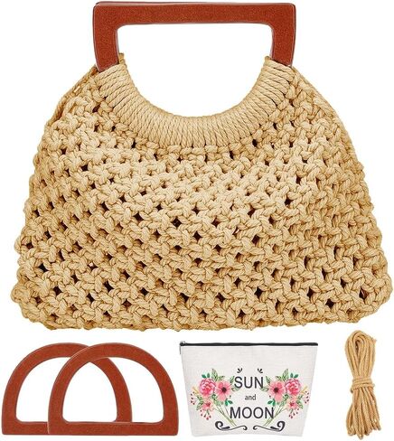 مجموعة حقائب يد WEBEEDY DIY Macrame للبالغين المبتدئين مجموعة صنع محفظة يد Boho مع فيديو تعليمي، سلك Macrame 3 مم، مقبض خشبي، حقيبة مصنوعة يدويًا للنساء هدية ديكور عيد الحب، 8.7 × 8.7 بوصة in Kuwait