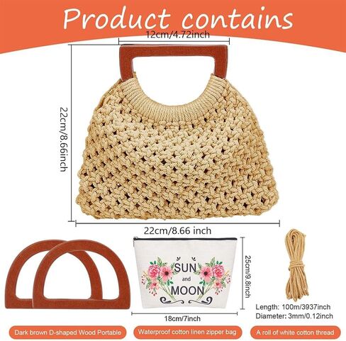 مجموعة حقائب يد WEBEEDY DIY Macrame للبالغين المبتدئين مجموعة صنع محفظة يد Boho مع فيديو تعليمي، سلك Macrame 3 مم، مقبض خشبي، حقيبة مصنوعة يدويًا للنساء هدية ديكور عيد الحب، 8.7 × 8.7 بوصة in Kuwait