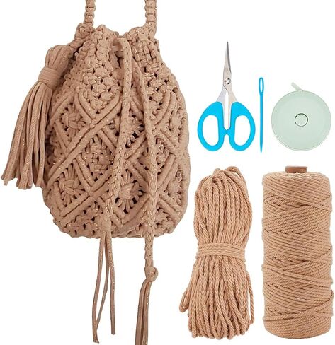 طقم حقيبة دلو من WEBEEDY DIY Macrame برباط من Macrame مع حبل قطني 3 مم × 142 ياردة وفيديو تعليمي، مجموعة محفظة Boho Macrame حقيبة يد Macrame للبالغين المبتدئين هدية مصنوعة يدويًا (قهوة) in Kuwait