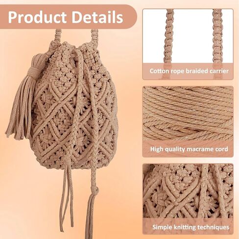 طقم حقيبة دلو من WEBEEDY DIY Macrame برباط من Macrame مع حبل قطني 3 مم × 142 ياردة وفيديو تعليمي، مجموعة محفظة Boho Macrame حقيبة يد Macrame للبالغين المبتدئين هدية مصنوعة يدويًا (قهوة) in Kuwait