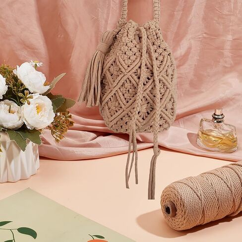 طقم حقيبة دلو من WEBEEDY DIY Macrame برباط من Macrame مع حبل قطني 3 مم × 142 ياردة وفيديو تعليمي، مجموعة محفظة Boho Macrame حقيبة يد Macrame للبالغين المبتدئين هدية مصنوعة يدويًا (قهوة) in Kuwait