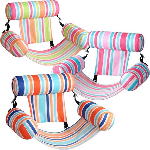 Sloosh 3 Packs Pool Lounge Chair, Stripe Pattern Hammock Inflatable Swimming Pool Water Floating Chair for Outdoor, Beach, Pool, Lake in Saudi Arabia