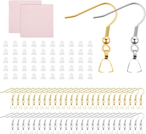 Stainless Steel Earring Hooks 100 Pieces DIY Earrings Making Kit, 50 Silver and Gold Earrings Hooks with 50 Clear Silicone Earring Backs and 2 Polishing Cloth for Jewelry Making in Saudi Arabia