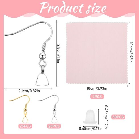 Stainless Steel Earring Hooks 100 Pieces DIY Earrings Making Kit, 50 Silver and Gold Earrings Hooks with 50 Clear Silicone Earring Backs and 2 Polishing Cloth for Jewelry Making in Saudi Arabia